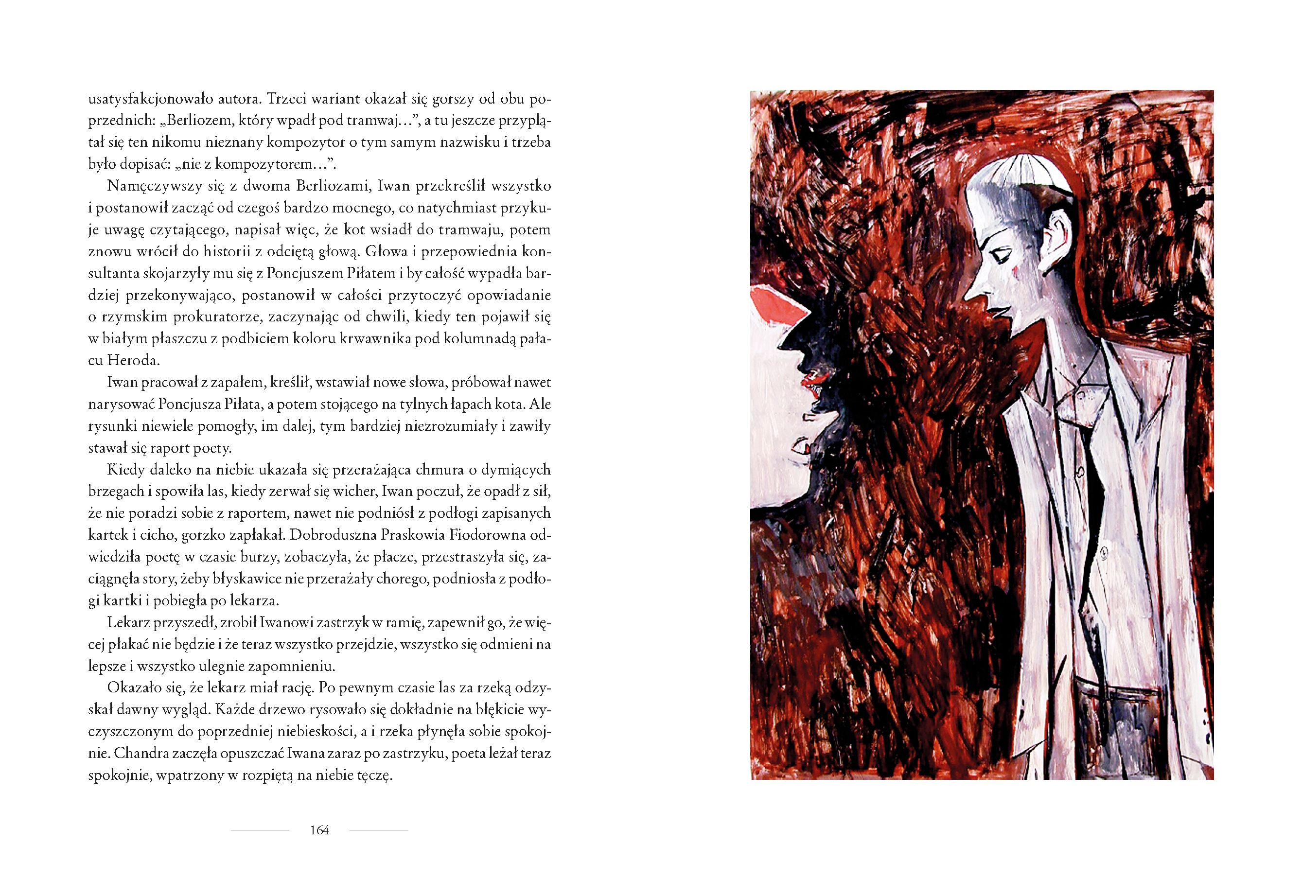 dwie sąsiadujące strony książki, po lewej strona tekstu, po prawej strona złożona z samej ilustracji